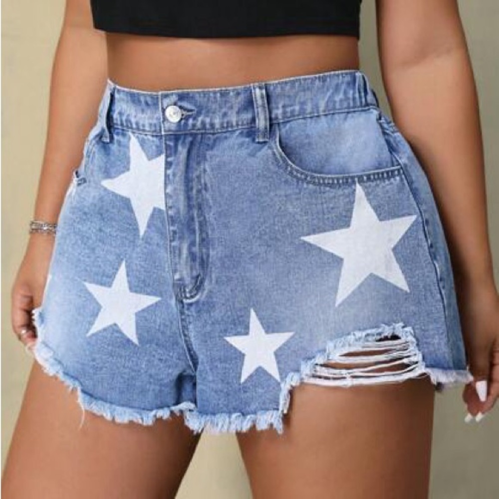 SHEIN Blue and White Jean Shorts with Star Pattern